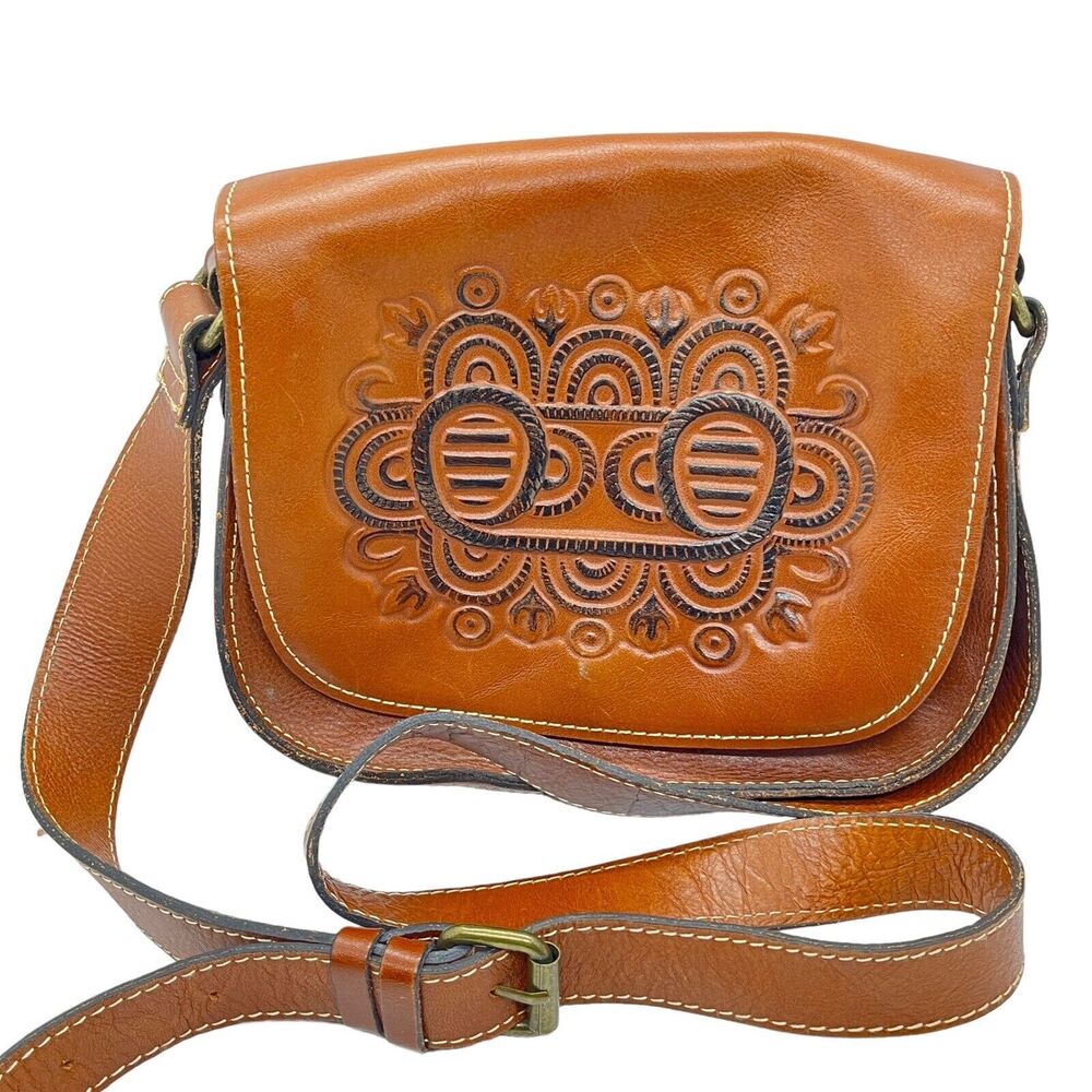 Patricia Nash Brown Tooled Leather Flap Front Western Saddle Crossbody Bag Purse